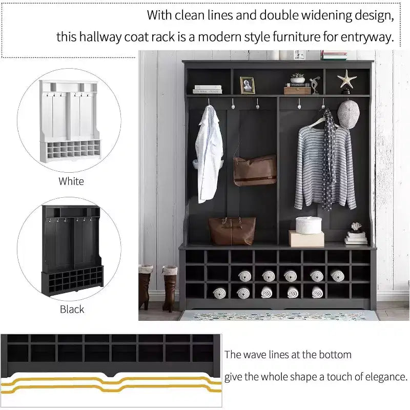 60-Inch Hall Tree with Coat Rack, 24 Shoe Storage Cubbies & Entryway Bench for Home Organization