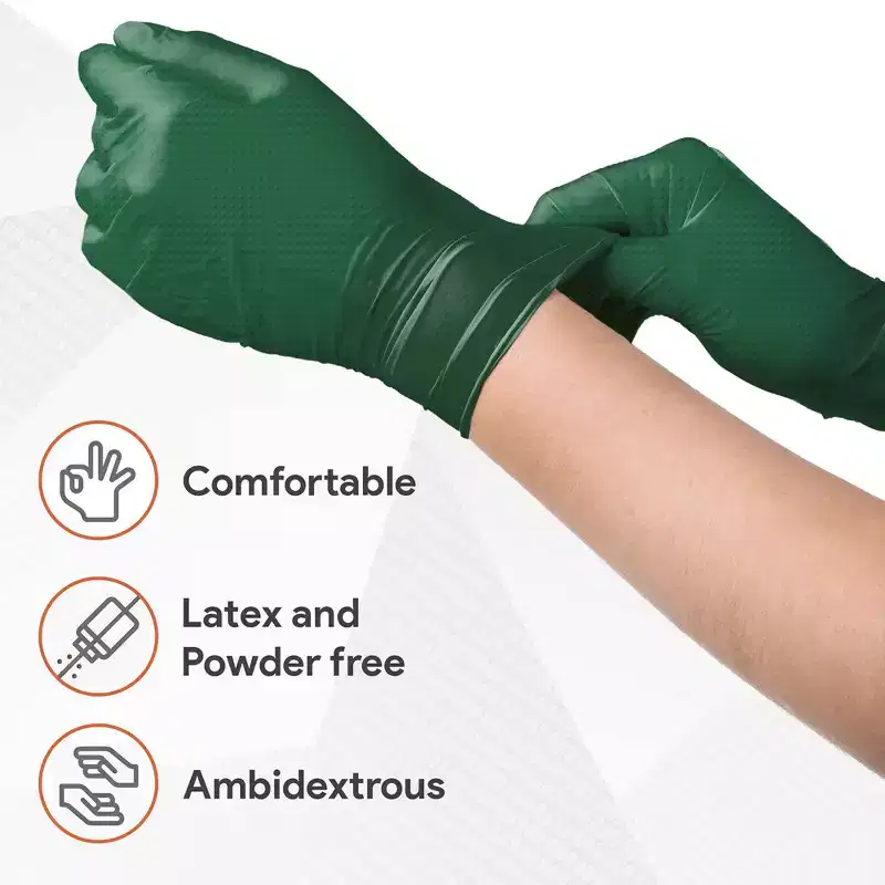 WeCare Diamond Textured Orange Nitrile Gloves, 8 Mil Thickness - Perfect for Industrial & Automotive Work, Green 100 Pack