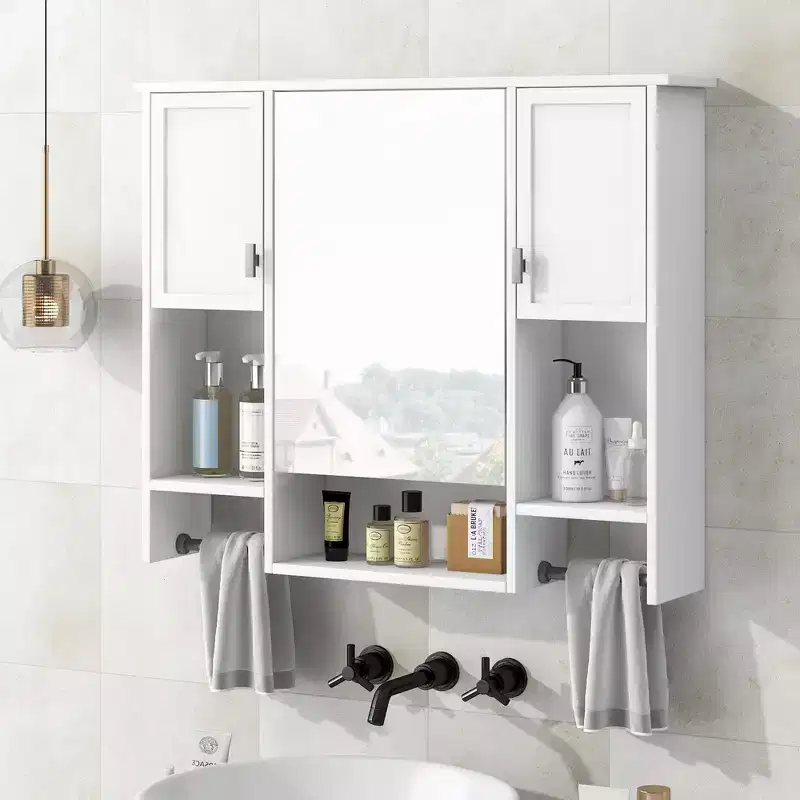 28.7 Wall Mounted Bathroom Mirror Cabinet with Concealed Storage, 6 Open Shelves, Medicine Cabinet, White