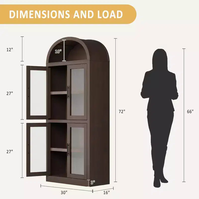 71 Modern Farmhouse Arched Pantry CabinetCBrownish Red Freestanding Storage with 4 Glass Doors & 6-Tier Shelves for Entryway, Dining,Living Room