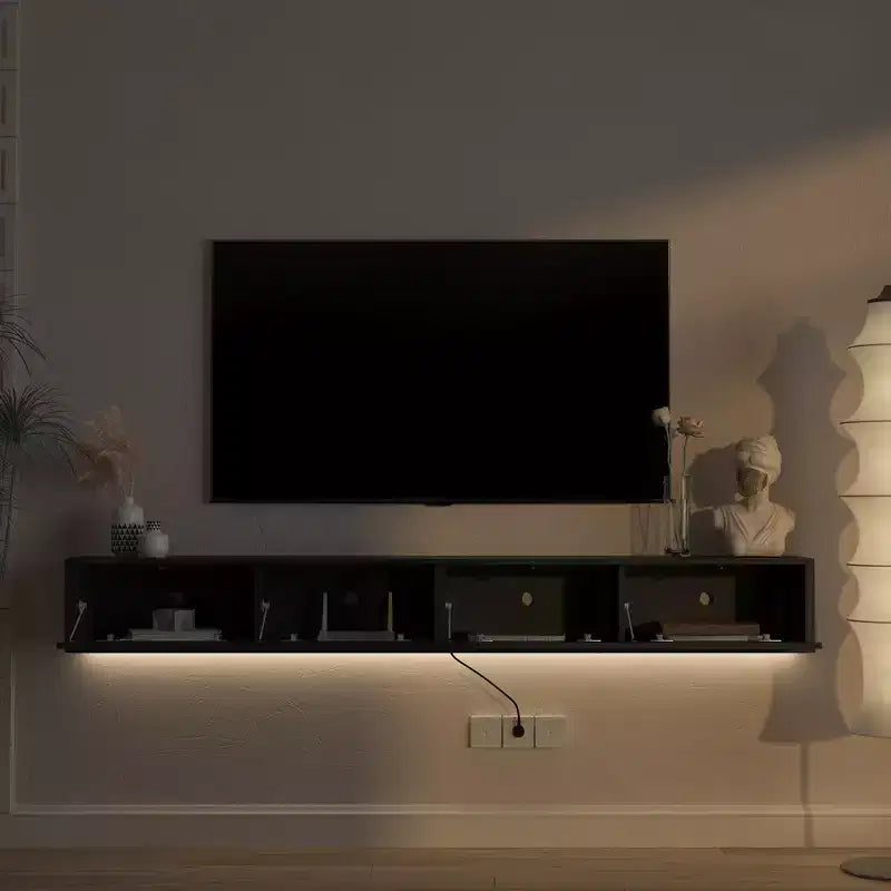 JVNOXK Floating TV Stand, Wall Mounted TV Shelf with Led Lights & Power Outlet,High Gloss TV Cabinet for tv Stands for Living Room