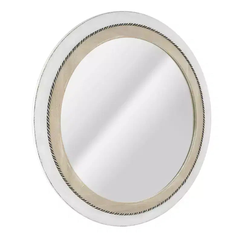 23 x 23 Rustic Wood Framed Round Wall Mirror with Inlaid Rope White/Brown - Head West: Includes Mounting Hardware, No Assembly Required