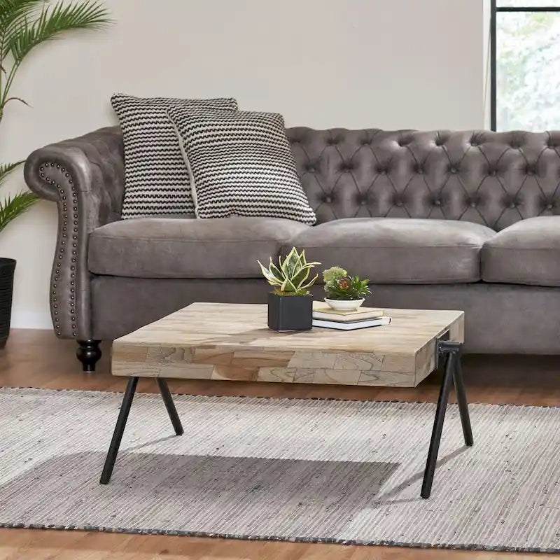 Mango Wood Coffee Table, Modern Industrial Design, With Wooden Tabletop And Metal Legs