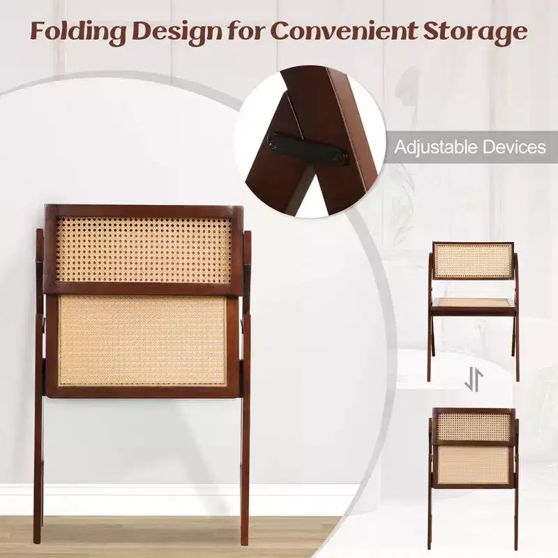 Costway Foldable Dining Chairs Set of 2/4 with Woven Rattan Backrest & Seat Rubber Wood Frame Brown