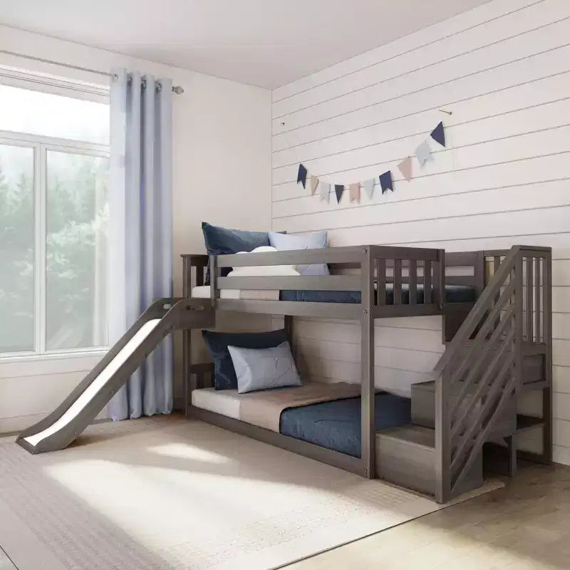 Twin Over Twin Low Bunk Bed with Slide & Stairs, Solid Wood Kids Platform Bed, 14 Guardrails