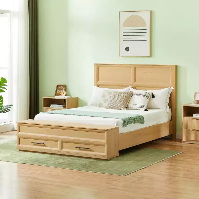 ModernLuxe Queen/King Platform Bed Frame with Drawers, Storage Bench & 3D Geometric Headboard
