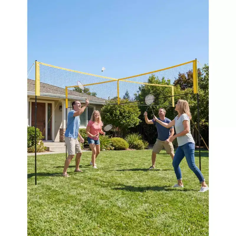 Yellow 4-Square Volleyball Net Set C 3 Adjustable Heights(5'/6'4/7'11)C Portable Backyard/Beach Game with Ball,Pump & Carry Bag for Family Fun