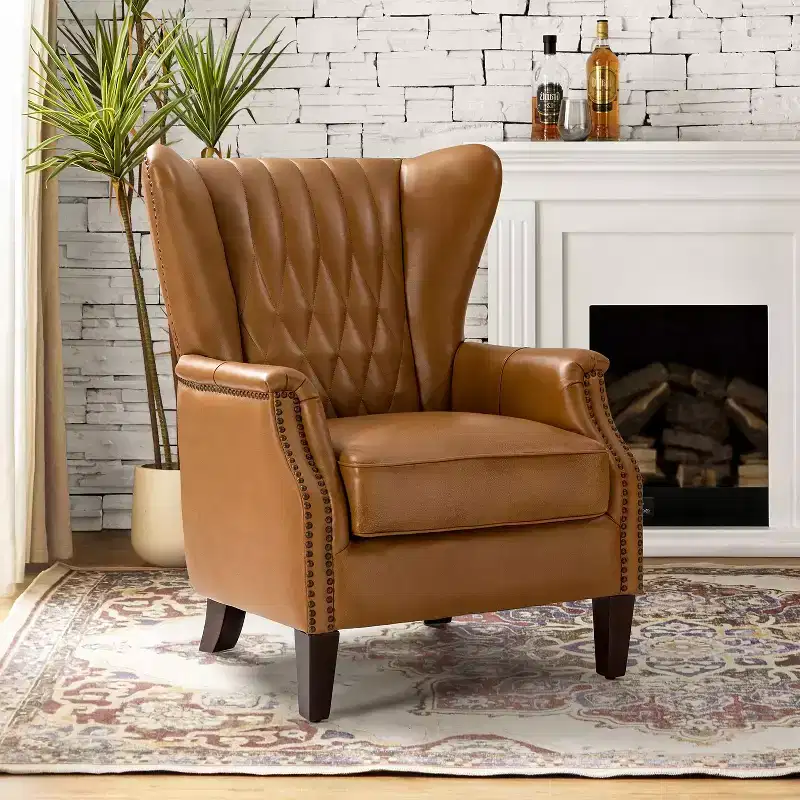 Valerius Genuine Leather Armchair with Nailhead Trims and Solid Wood Legs | HULALA HOME