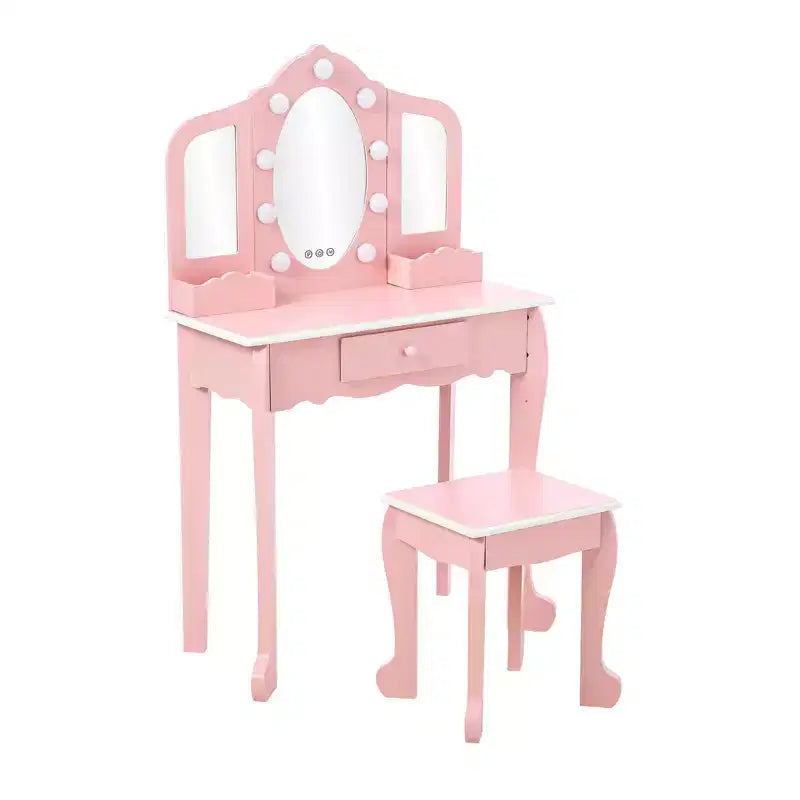 Kids Vanity with Lighted Mirror, Little Girls Vanity Table & Stool, Tri-Fold Mirror, Drawer & Storage Grid for 3-9 Yrs Girls