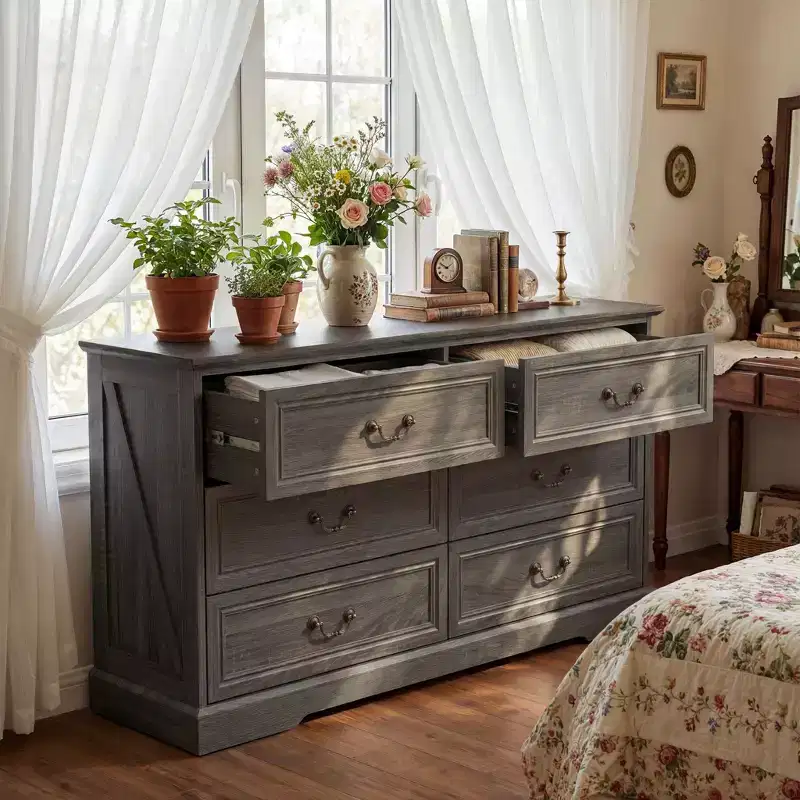 Famapy Farmhouse 6-Drawer Dresser,Chest of Drawers,Vintage Brass Handles,Storage Cabinet for Bedroom, Living Room & Entryway