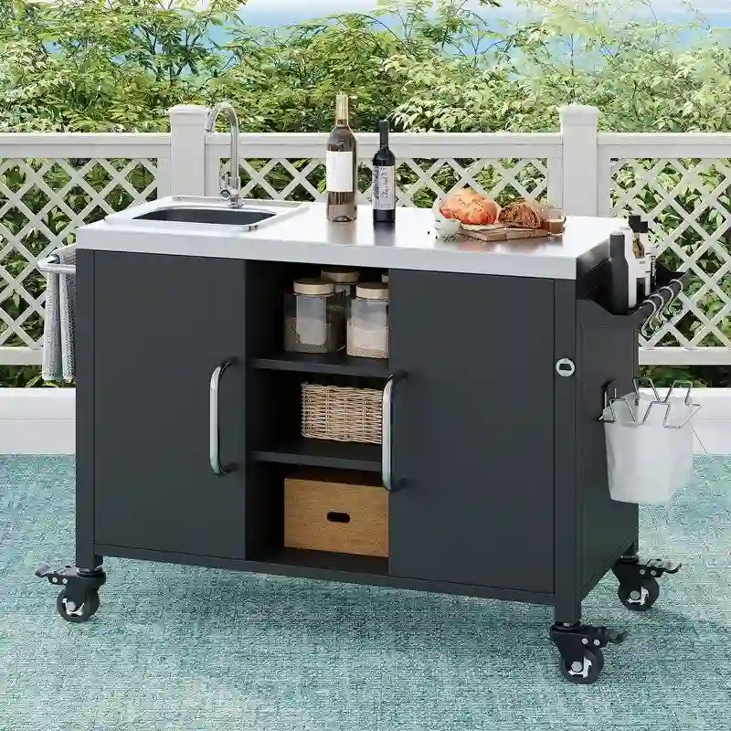Outdoor Kitchen Island with Sink, Outdoor Bar Cart Sink Station with 4 Lockable Wheels
