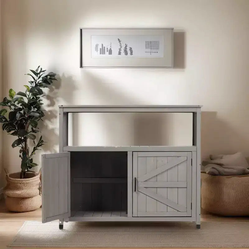 Okak Storage Cabinet with Potting Bench, Kitchen Cabinet with 2 Doors and 2 Shelves, Short Cabinet for Living Room, Dining Room, Kitchen