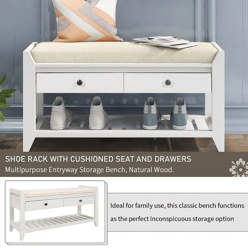 Wooden Storage Bench with Shoe Rack and Drawers