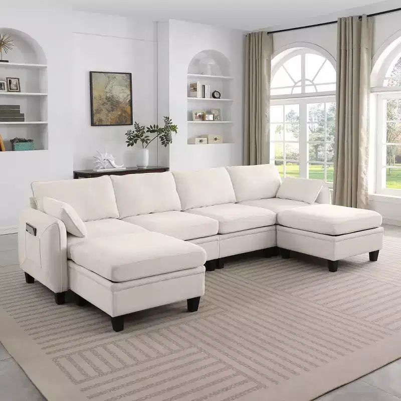 GDFStudio Lancelot 109 Inch Contemporary 6 Seat Chenille Upholstered U-Shaped Sectional Sofa with Storage Ottoman