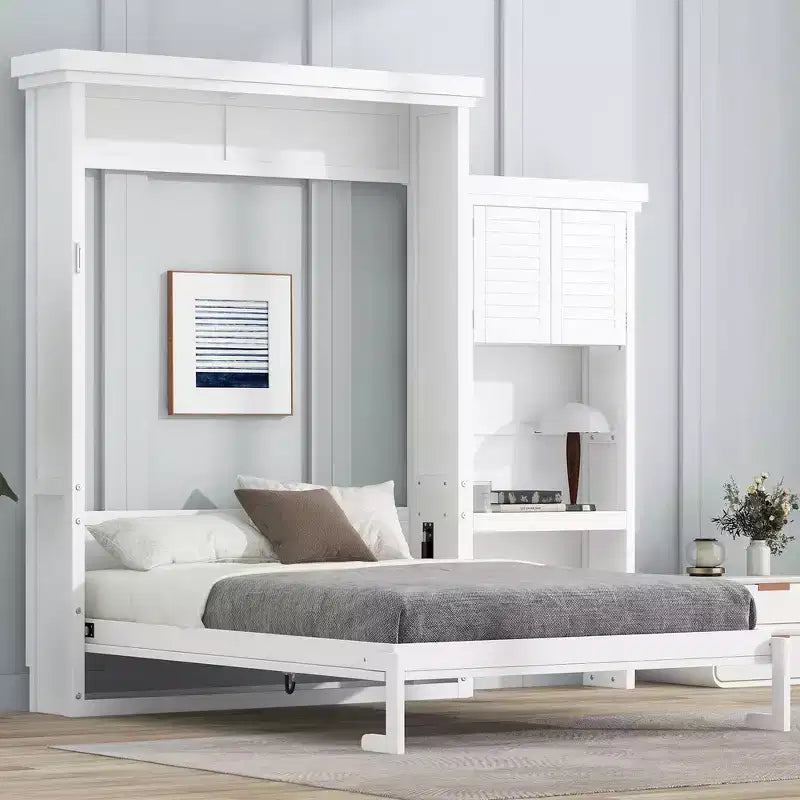 Whisen Wood Queen Size Murphy Bed with Multiple Storage Shelves and Louvered Style Decoration