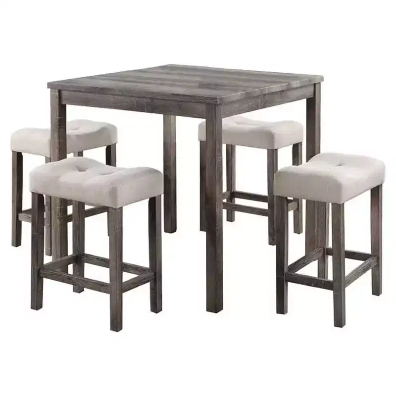 Royal Hampton 5 Piece Counter Height Table Set with 4 Stools, Beige Fabric, Gray Wood