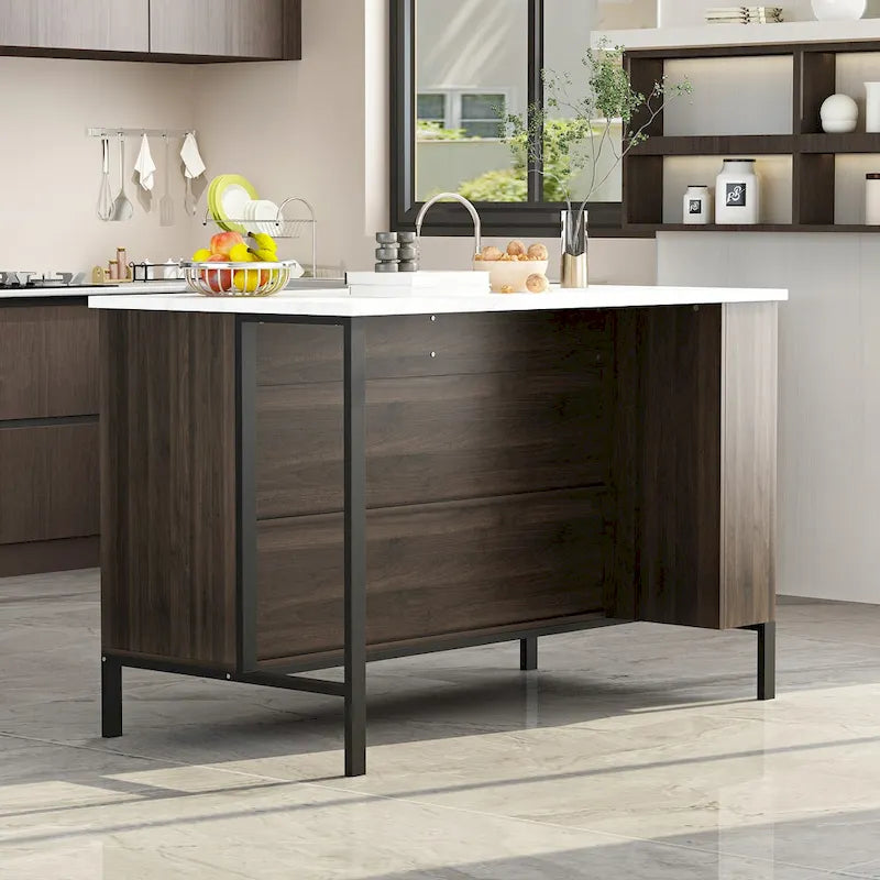 55.1W Buffet Kitchen Island Cabinet with Open Shelves Two Drawers