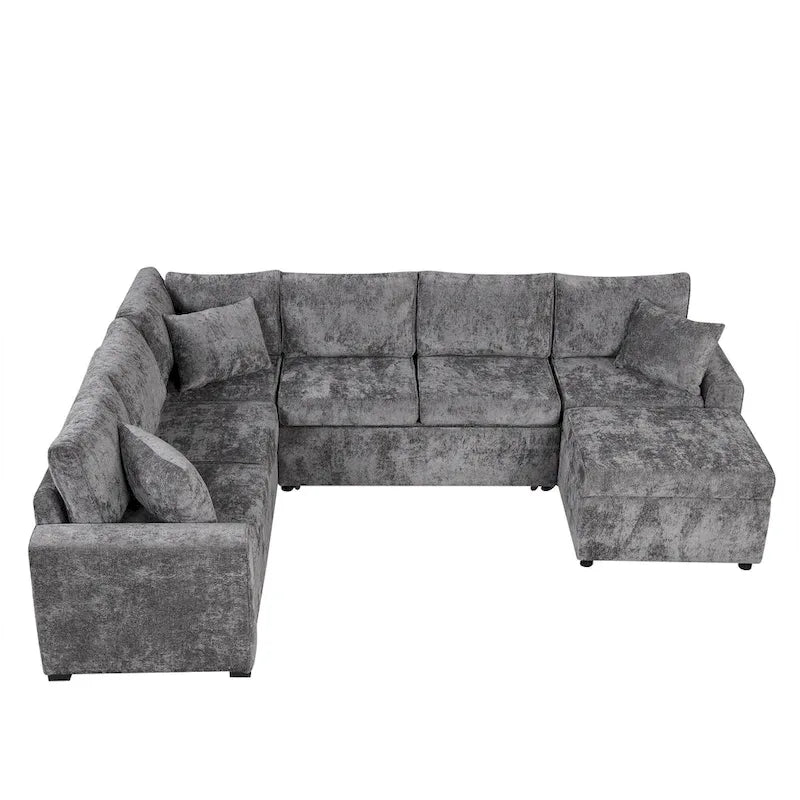 Chenille Sectional Sofa Pull-out Sofa Bed, L-Shape Sleeper Sofa with Storage Ottoman, 3 Pillows and Charging Devices