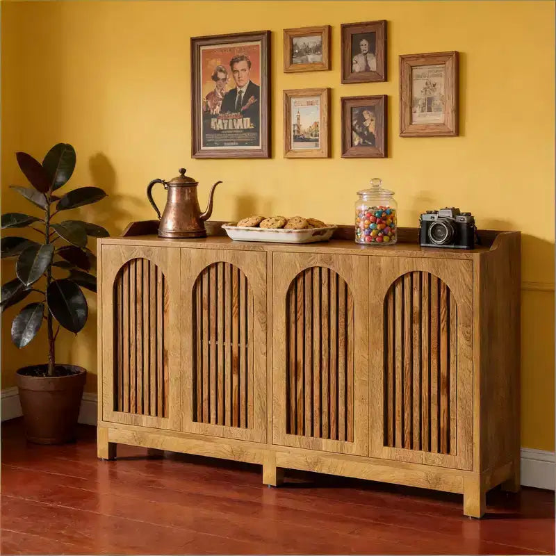 GDFStudio Oralie Farmhouse 4-Door Shutter Wood Sideboard Buffet Cabinet with Adjustable Shelves
