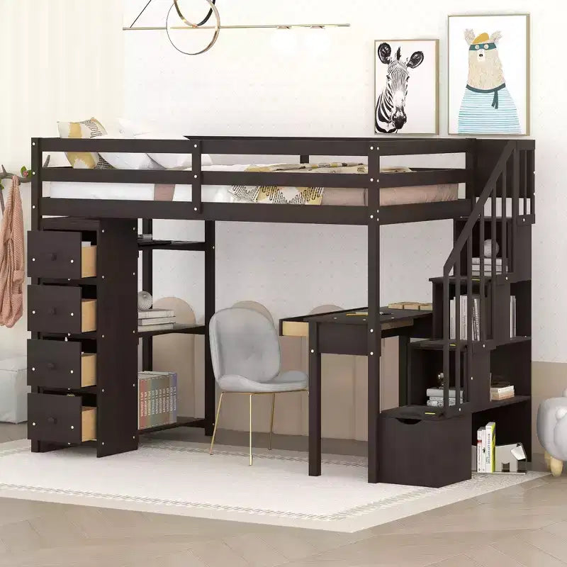 Whisen 94.40''L  41.80''W Modern Design Twin Size Wooden Loft Bed with Storage Drawers, Desk and Stairs