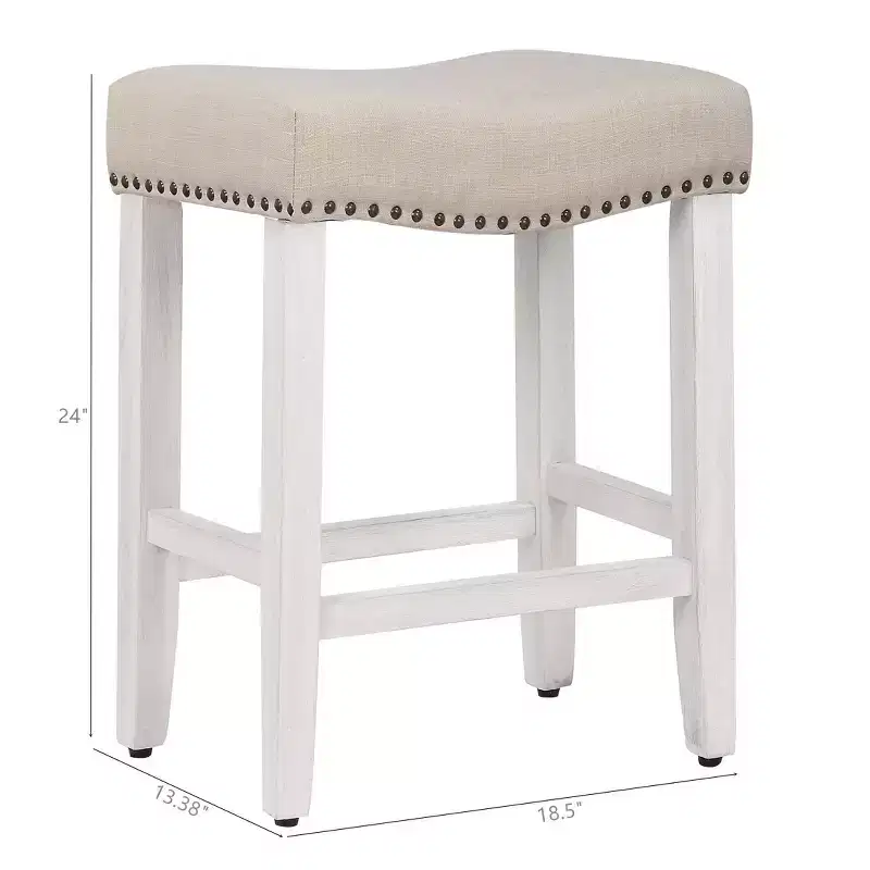 WestinTrends 24 Upholstered Saddle Seat Counter Stool (Set of 2), Antique White/Beige