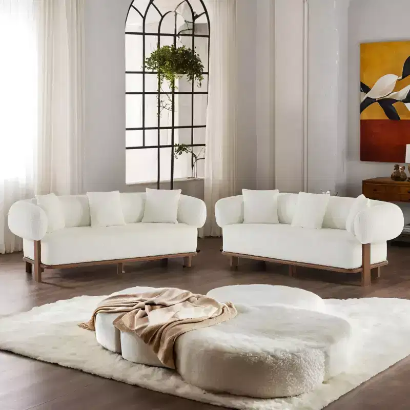 Christopher Knight Home Tadg 82 Rubberwood Boucle Upholstered 3 Seater Curved Sofa with Pillows (Set of 2)