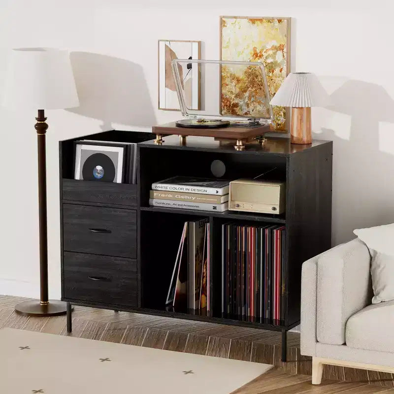 Record Player Stand with Adjustable Shelves, Holds 350+ Vinyls, Media Console with Speaker Shelf & 2 Drawers, 27.6 Turntable TV Stand