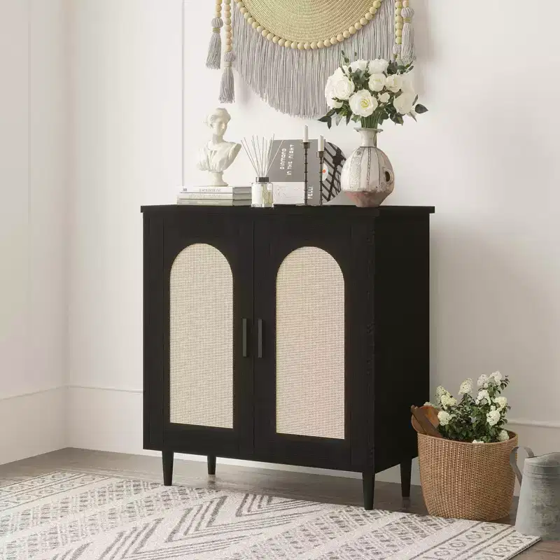 Boho Rattan 2-Door Buffet Cabinet, Wood Sideboard with Adjustable Shelves & Storage, Multi-Scene Cupboard for Kitchen, Living Room, Dining Room