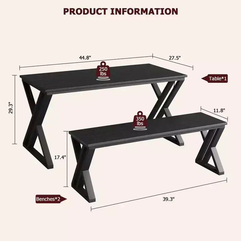 Kitchen Dining Set with Benches, 44.8 Kitchen Table Set for 4, Sturdy Metal Kitchen Table Set with X Metal Frame