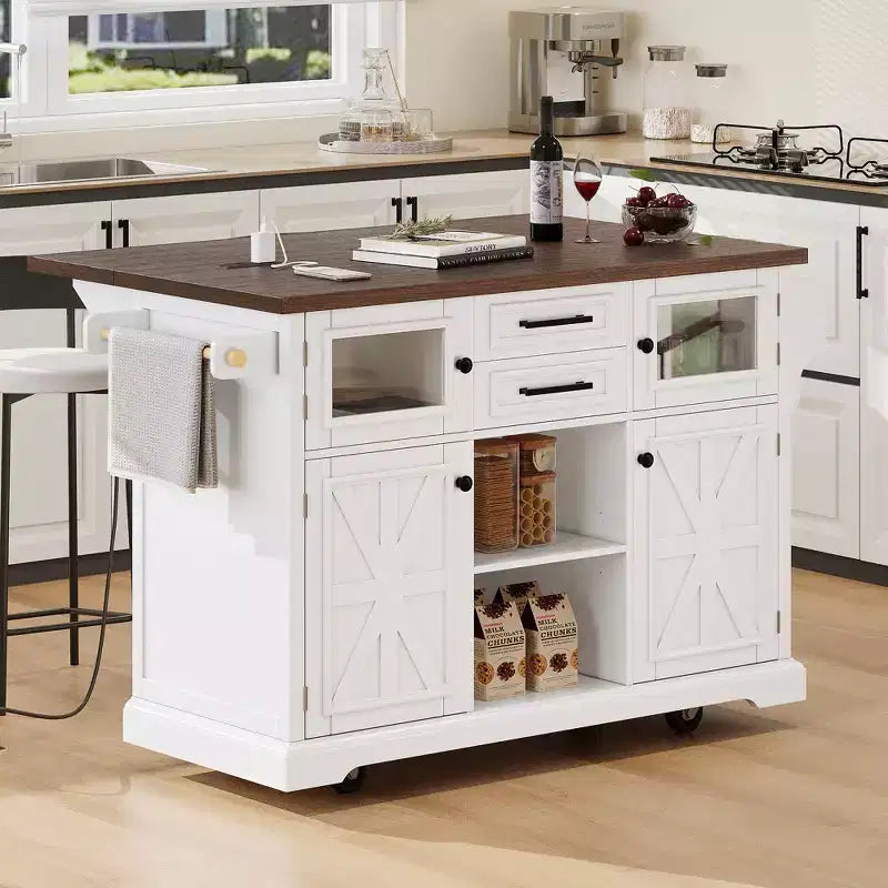 sumyeg 54.9 Kitchen Island with Drop Leaf, Power Outlet, Storage Cart with Glass & Barn Doors, 4 Shelves&Wheels (No Stools)