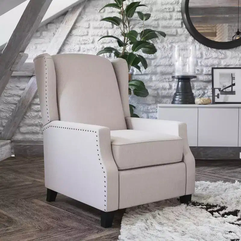 Emma and Oliver Fabric Upholstered Easy Push Back Recliner - Classic Wingback Design with Nailhead Accent Trim and Footrest