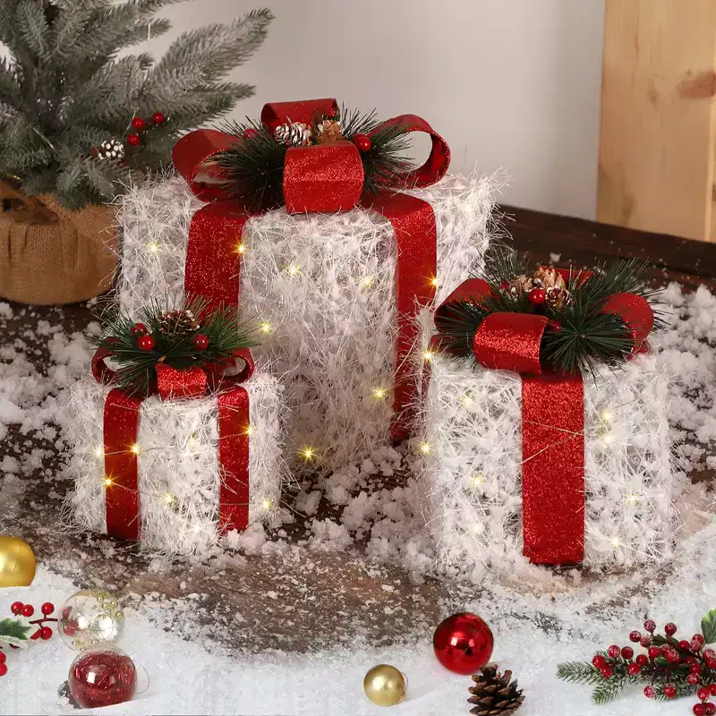 3 Pcs Lighted Boxes, 10 in 8 in 6 in Xmas Present Box with Led Lights, Greenery, Red Berries, Pine Cones,Lighted Up Holiday Decorations for Xmas Tree