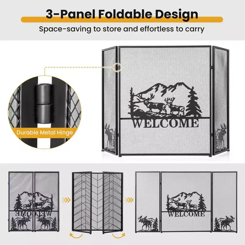 Costway 52 x 31 In Fireplace Screen 3-Panel Spark Guard with Natural Scenery, Moose Pattern