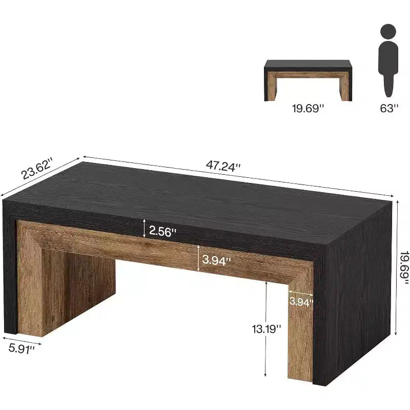 Lantine 47-Inch Coffee Table for Living Room, Mid-Century Modern Farmhouse Center with Sturdy Base for Apartment, Easy Assembly, Black & Walnut