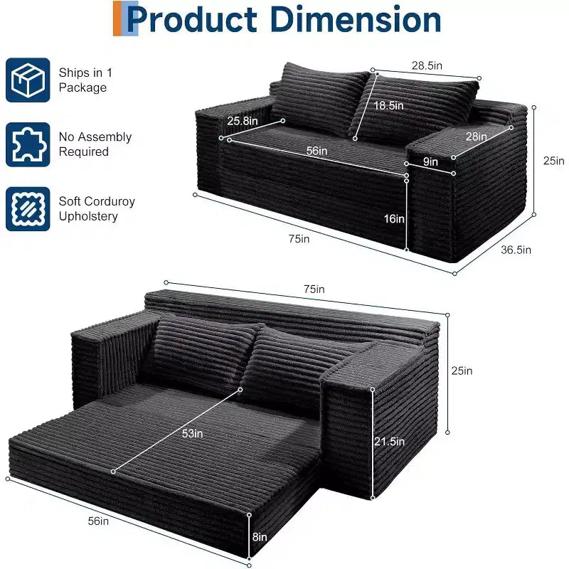 SunnyFurn 75 Convertible Sofa Bed with 2 Pillows - 2-in-1 Folding Sleeper Couch, No Assembly, for Living Room & Bedroom