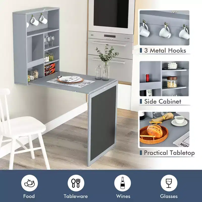 Costway Wall Mounted Table Fold Out Convertible Desk with A Blackboard/Chalkboard Black\Brown\White\Grey