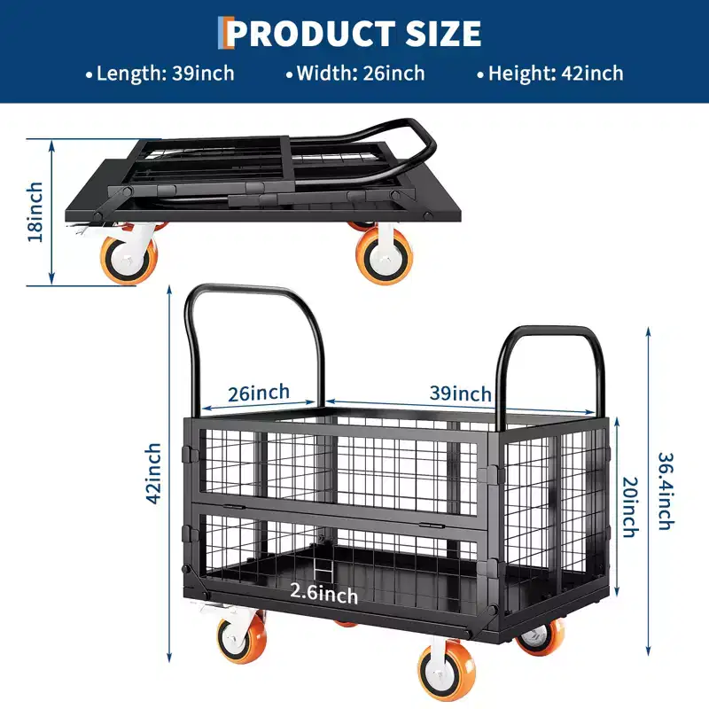 4 in1 Heavy Duty Platform Truck Cart with 1800lbs Capacity - Versatile Hand Truck, 6-Inch 360-Degree Swivel Wheels, for Warehouse, Garage, Grocery